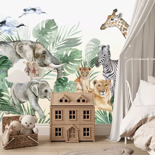 Fotobehang Wilde dieren tussen de monsterabladeren