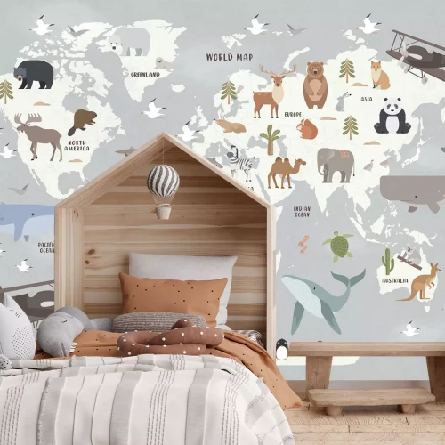 Fotobehang Wereldkaart met schattige dieren voor kinderen