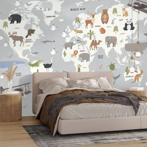 Fotobehang Wereldkaart met schattige dieren voor kinderen