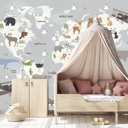 Fotobehang Wereldkaart met schattige dieren voor kinderen