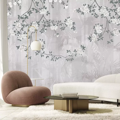 Fotobehang Wijnstokken van witte rozen op een plantenachtergrond