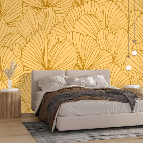 Fotobehang Schets van bladeren op een gele achtergrond