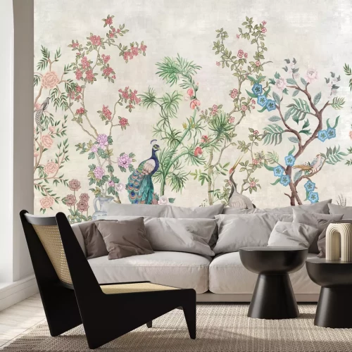 Fotobehang Bomen met bloemen tussen de vogels