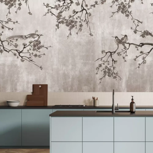 Fotobehang Kersenbloesem met vogels op grijs beton