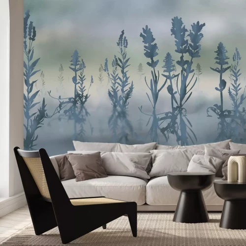 Fotobehang Schaduwen van blauwe lavendel op een wazige achtergrond