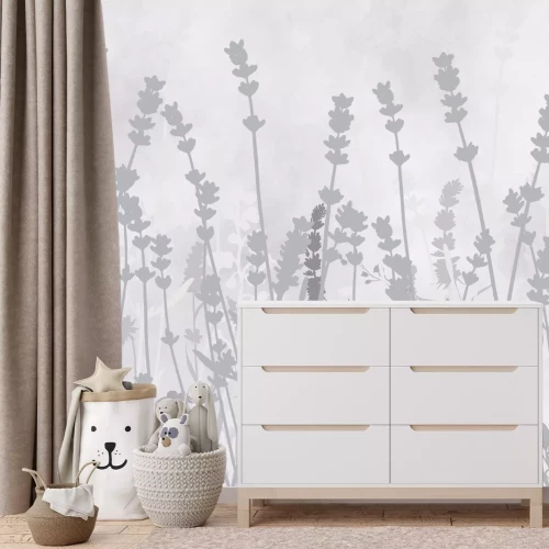 Fotobehang Grijze schaduwen van lavendelbloemen tegen de betonnen achtergrond