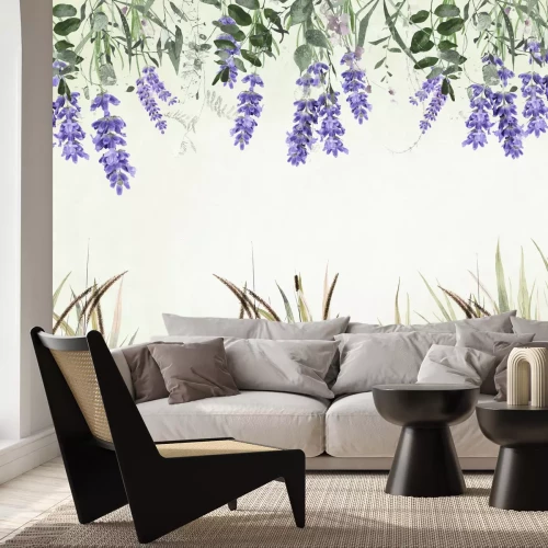 Fotobehang Paarse lavendelbloemen en siergrassen op een lichte achtergrond