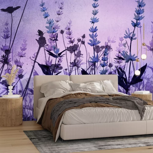 Fotobehang Lavendelplanten en bloemen op een roze achtergrond