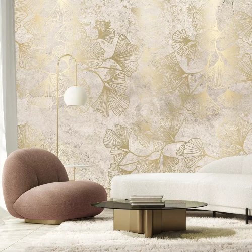 Fotobehang Ginkgobladeren met een gouden decoratief accent