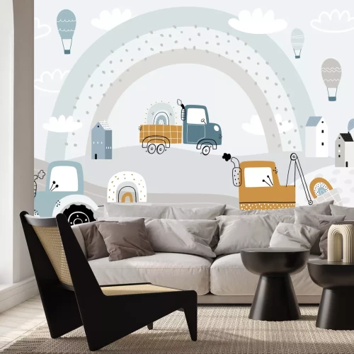 Fotobehang Tractor op de heuvels met een graafmachine en wolken