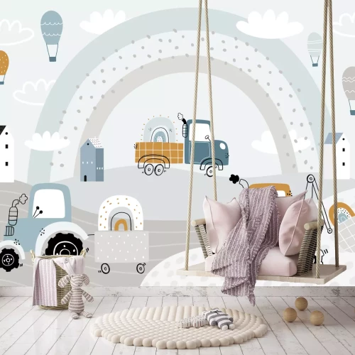 Fotobehang Tractor op de heuvels met een graafmachine en wolken