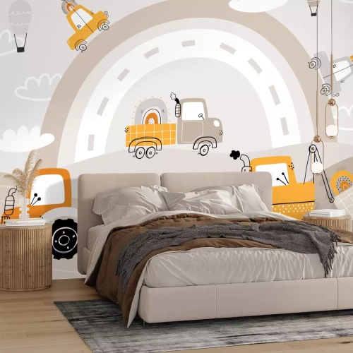 Fotobehang Auto&#39;s en een tractor tegen een regenboogachtergrond