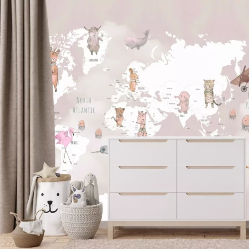 Fotobehang Wereldkaart met motieven van vliegtuigen en wilde dieren