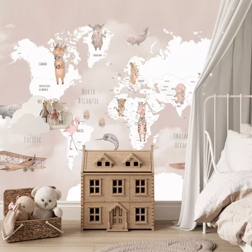 Fotobehang Wereldkaart met motieven van vliegtuigen en wilde dieren