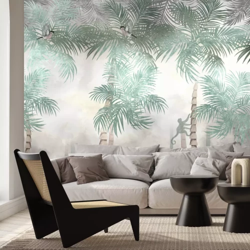 Fotobehang Apen en exotische palmbomen in een tropisch bos