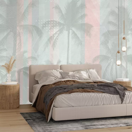 Fotobehang Grijze palmbomen tegen een achtergrond van verticale strepen