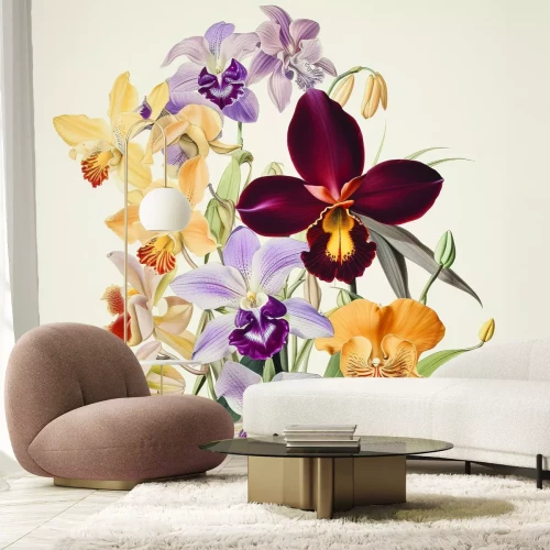 Fotobehang Orchideeënbloemen in pasteltinten op een lichte achtergrond