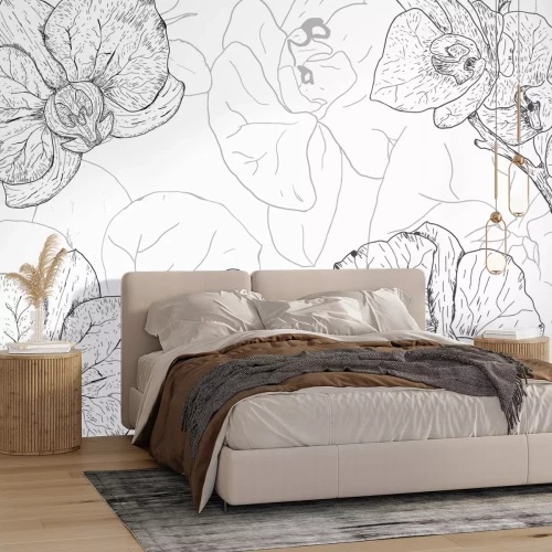 Fotobehang Tekening schets van orchideeënbloemen