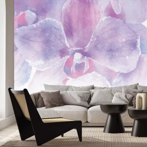 Fotobehang Aquarel orchidee in tinten roze en paars