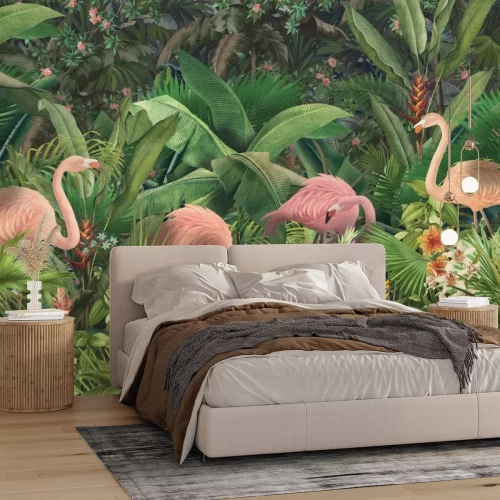 Fotobehang Flamingo&#39;s met tropische bladeren en bloemen
