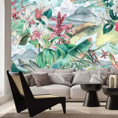 Fotobehang Kleurrijke orchideeën met monsterabladeren