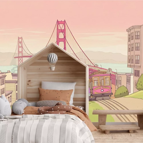 Fotobehang Pastelillustratie van de Golden Gate en de San Francisco Streetcar