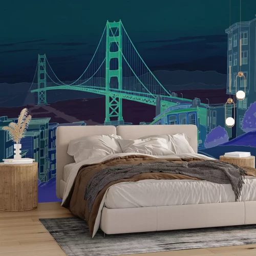 Fotobehang Pastelillustratie van de Golden Gate en de San Francisco Streetcar