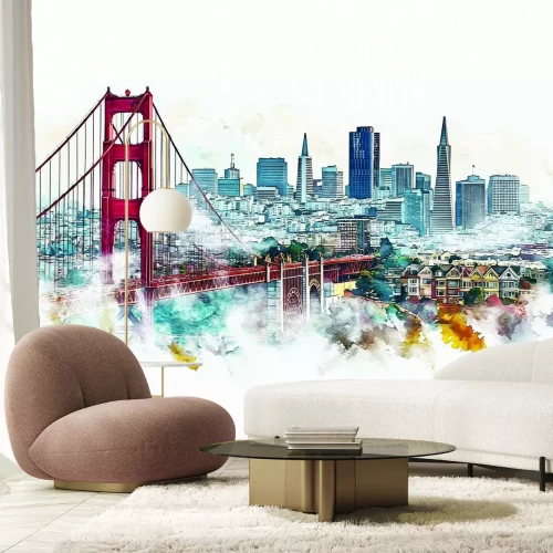 Fotobehang Aquarel van de Golden Gate Bridge en de skyline van San Francisco op de achtergrond