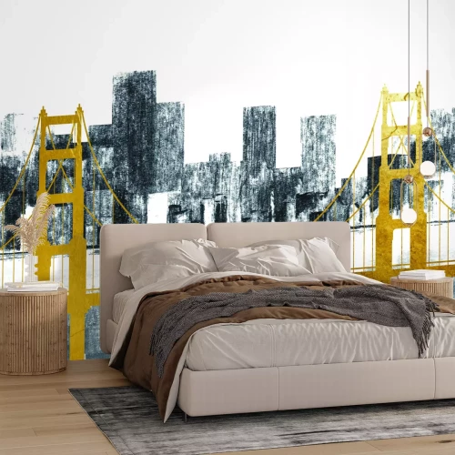 Fotobehang De goudkleurige Golden Gate Bridge tegen de achtergrond van de skyline van San Francisco