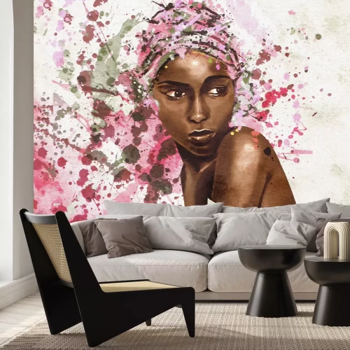 Fotobehang Roze aquarelportret van een Afrikaanse vrouw