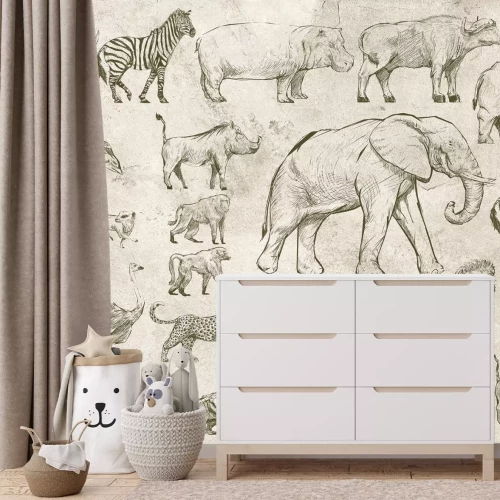 Fotobehang Getekende safaridieren op een betonnen achtergrond