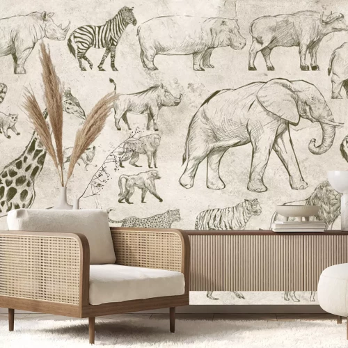 Fotobehang Getekende safaridieren op een betonnen achtergrond