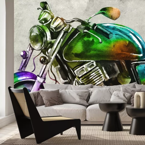 Fotobehang Aquarel motorfiets in groene en bruine tinten