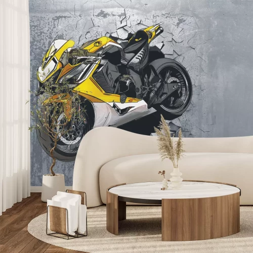 Fotobehang Een gele sportfiets rijdt door een betonnen muur.