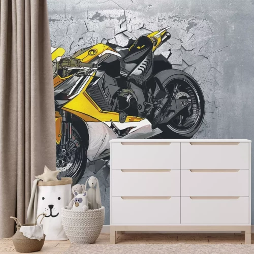 Fotobehang Een gele sportfiets rijdt door een betonnen muur.