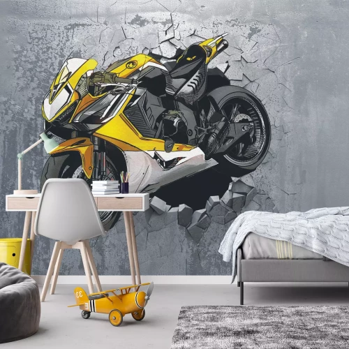 Fotobehang Een gele sportfiets rijdt door een betonnen muur.