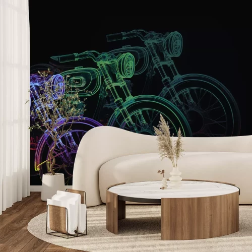 Fotobehang Neonschetsen van motorfietsen op een zwarte achtergrond