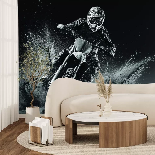 Fotobehang Een motorrijder met helm op een crossmotor in een dynamische opname