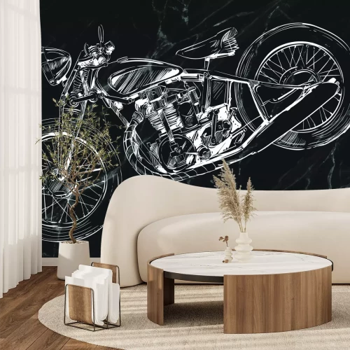 Fotobehang Schets van een witte motorfiets op een zwarte marmeren achtergrond