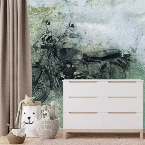 Fotobehang Schets van een motorfiets tegen een verouderde betonnen achtergrond