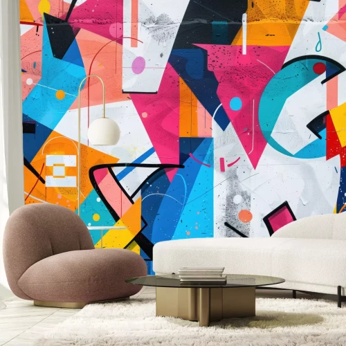 Fotobehang Abstracte graffiti-muurschildering met geometrische vormen