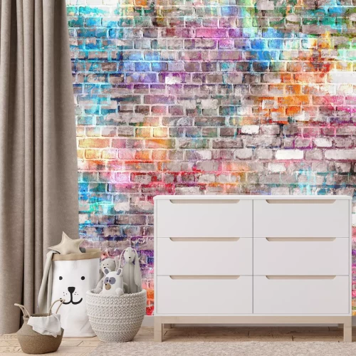Fotobehang Kleurrijke neongrijze bakstenen muur