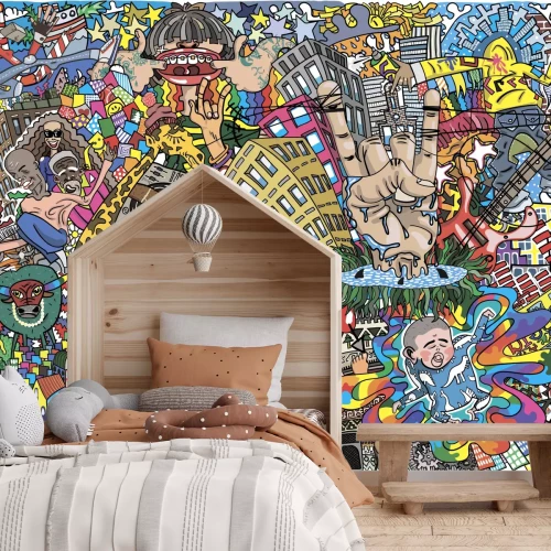 Fotobehang Kleurrijke patronen van gebouwen en mensen