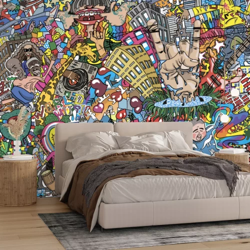 Fotobehang Kleurrijke patronen van gebouwen en mensen