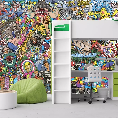 Fotobehang Kleurrijke patronen van gebouwen en mensen