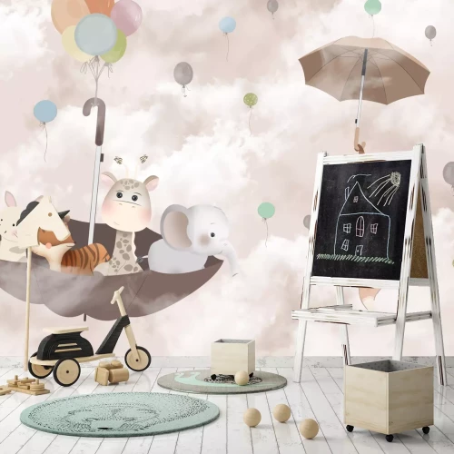 Fotobehang Een vos met een giraffe en een olifant op een paraplu in de wolken