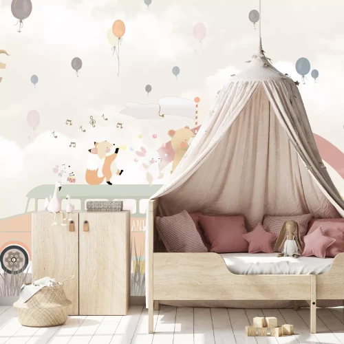 Fotobehang Schoolbus met dieren voor een regenboog