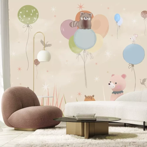 Fotobehang Dieren in de weide met vliegende ballonnen