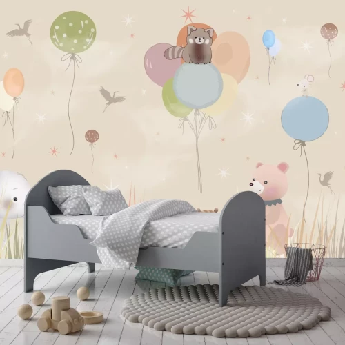 Fotobehang Dieren in de weide met vliegende ballonnen