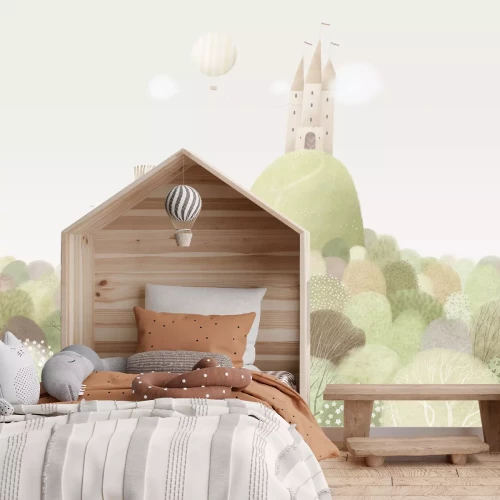 Fotobehang Kasteel op een heuvel, sprookjesachtig landschap